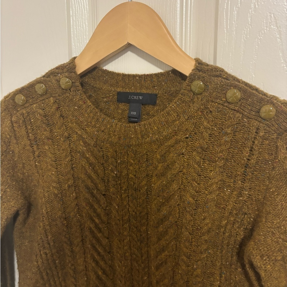 J.Crew XXS Lambswool Cable Knit Sweater Brown Tweed Button Shoulder - Picture 3 of 7